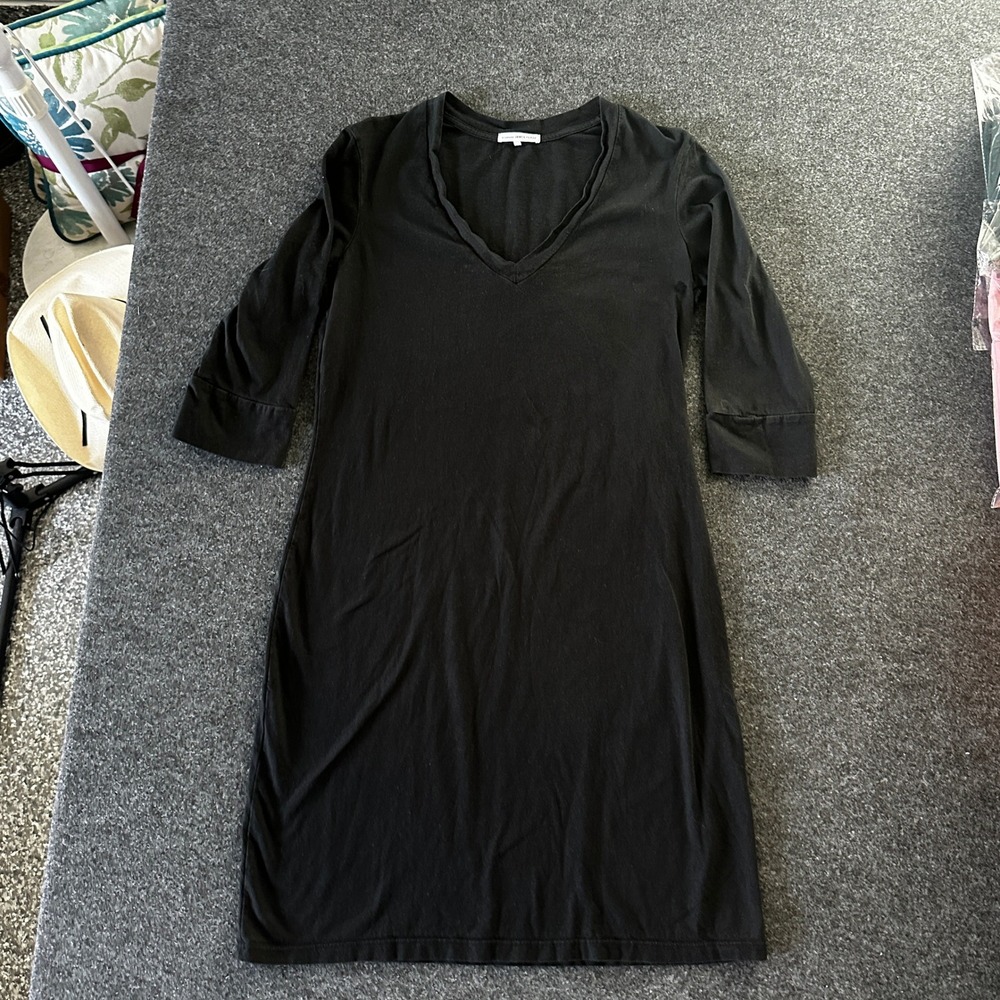 Standard James Perse Black V-Neck 3/4 Sleeve Cotton Dress WSX6309 Size 4